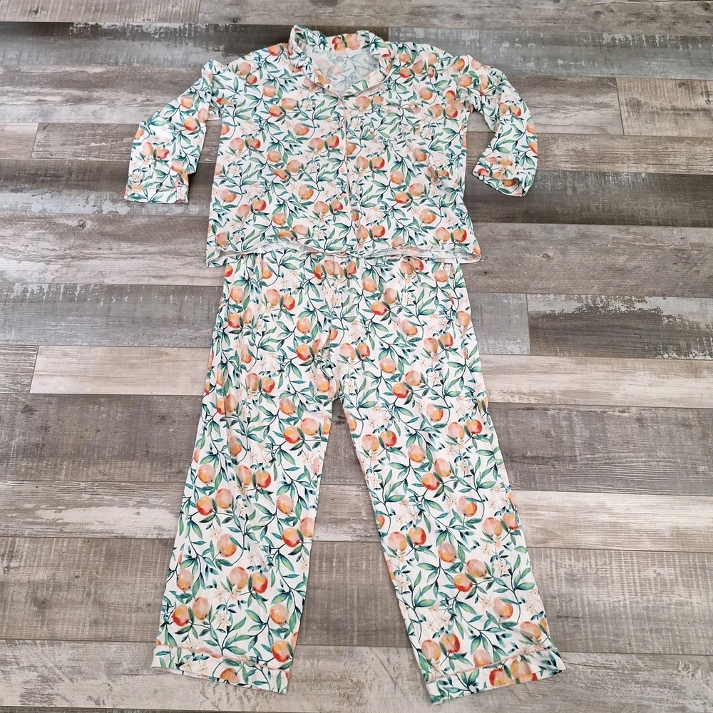 Garnet Hill Pajama Set Organic Cotton Knit XL Peach Floral